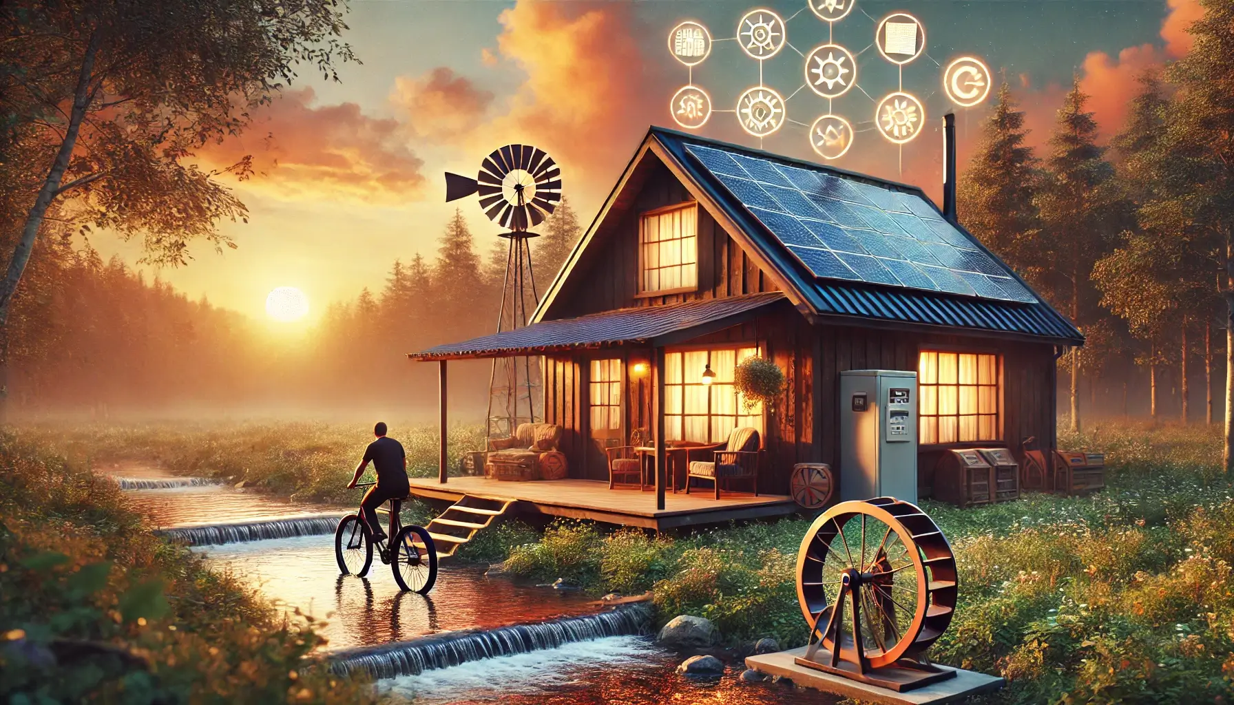 Off-grid power generation methods illustrated: solar panels, wind turbine, water wheel, and bicycle generator powering a rustic cabin at sunset.