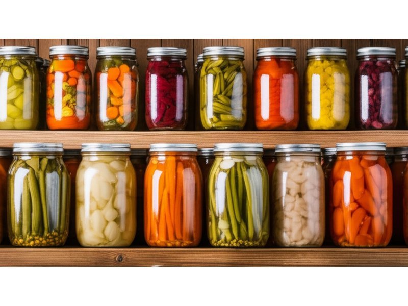 Pressure Canning Low-Acid Foods Safely 2 Sealed home-canned vegetables stored upright on pantry shelves without screw bands