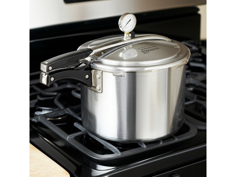 Pressure Canning Low-Acid Foods Safely 1 Dial-gauge pressure canner on a stovetop before processing low-acid foods