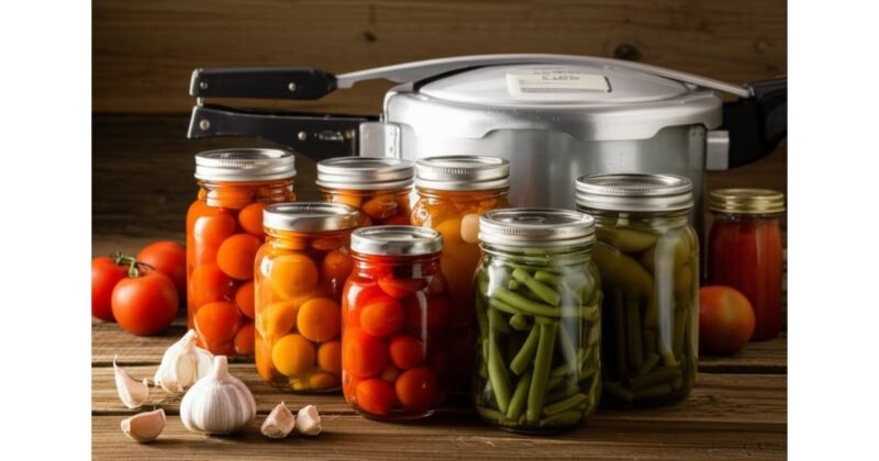 Pressure canner behind sealed jars of vegetables prepared from tested recipes