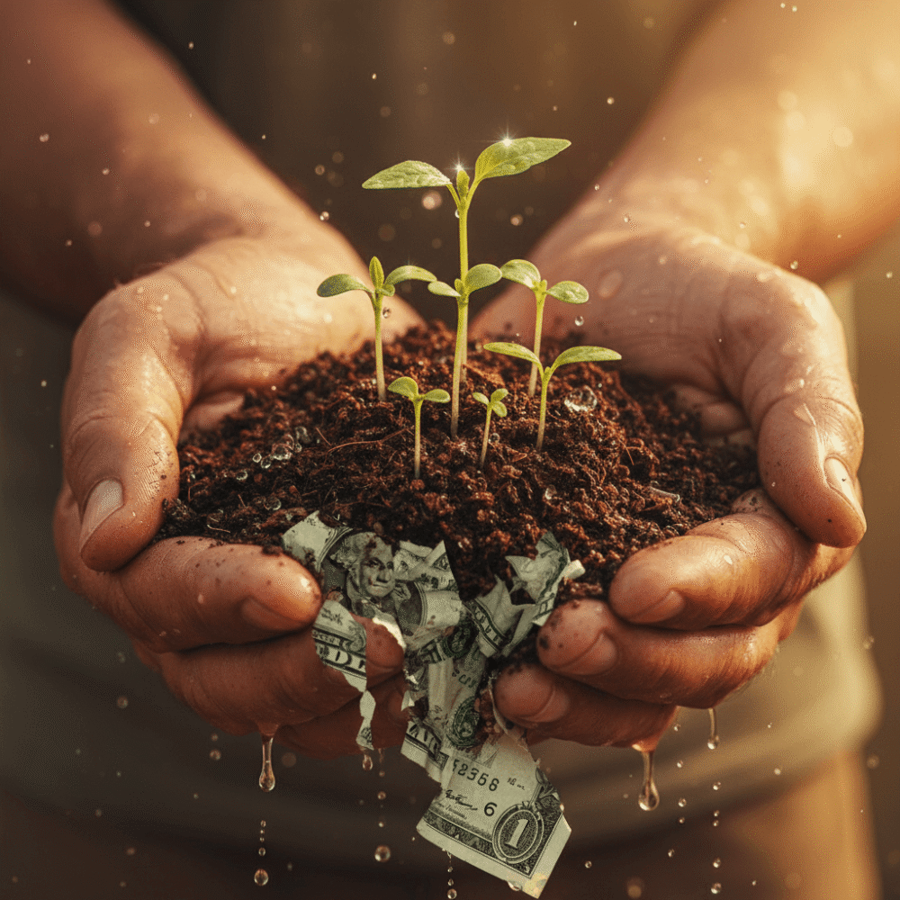 Hands holding soil and money transforming into wealth and growth