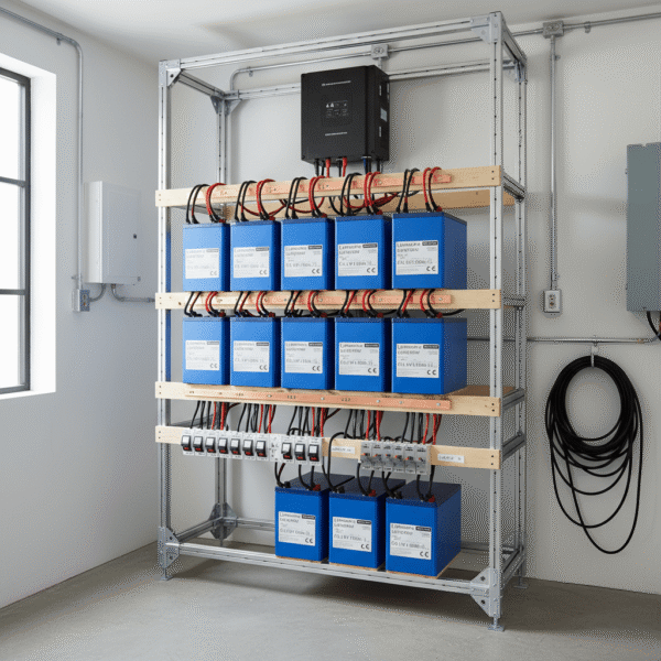 rack with batteries for off-grid solar system