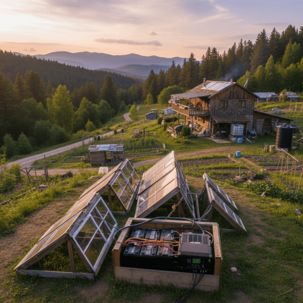 Off-grid homestead powered by DIY solar system panels and batteries.