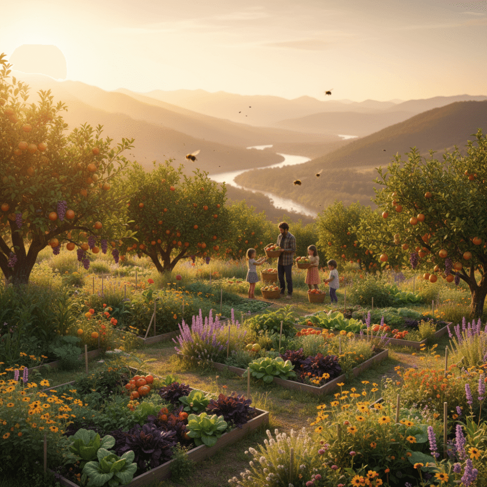 Family harvesting from abundant regenerative homestead garden at sunset