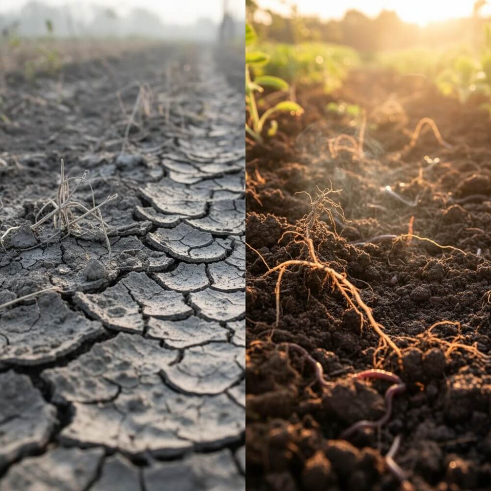 Soil transformation: dead compacted earth vs. living regenerative soil with microbes