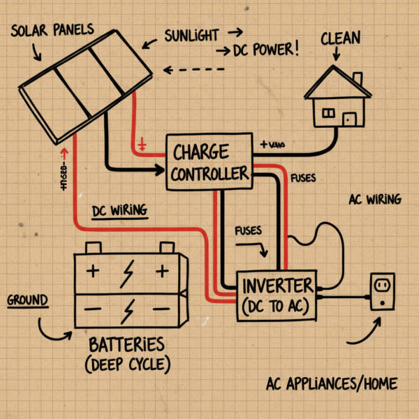 DIY off-grid solar system diagram showing panels, batteries, inverter, and wiring.