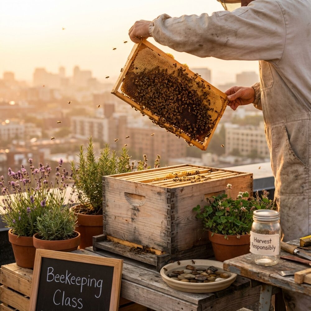 Small urban backyard homestead with a beehive in a compact city space.