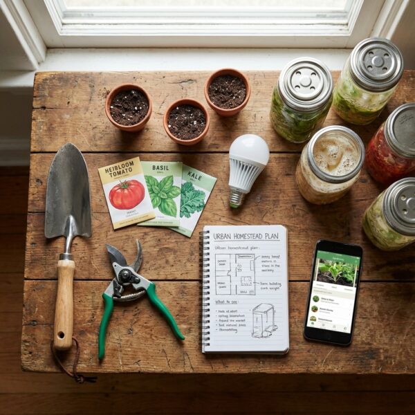 Flat-lay of essential urban homesteading tools including gardening supplies and food preservation jars.