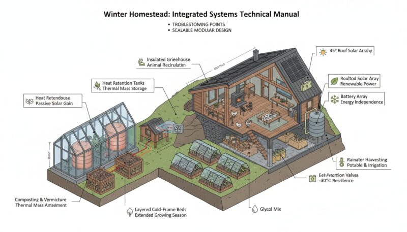 a illustration of a homestead prepared for winter