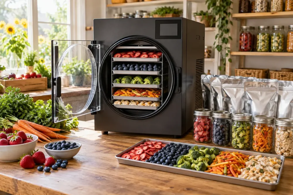 A black home freeze dryer sits on a wooden kitchen counter, filled with trays of fresh produce, surrounded by jars and bags of preserved food.