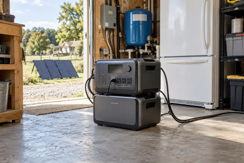 A portable solar power station with an extra battery unit sits on a concrete garage floor, connected to solar panels visible outside.