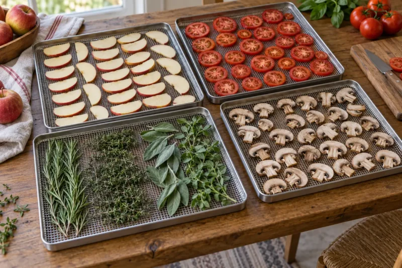 Four metal mesh dehydrator trays arranged on a wooden table, filled with sliced apples, tomato slices, fresh herbs, and sliced mushrooms.