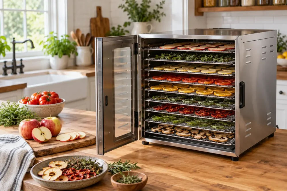 A stainless steel food dehydrator with its door open sits on a wooden kitchen counter, filled with trays of drying fruit slices, herbs, and mushrooms.