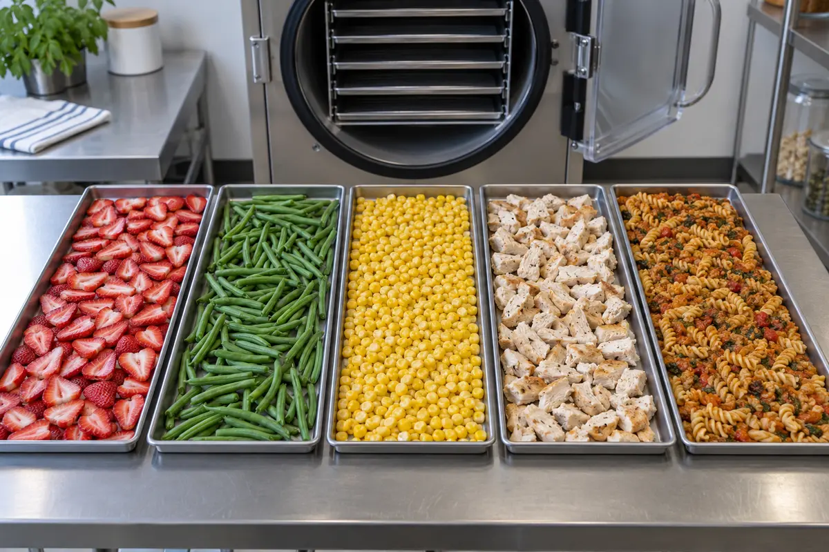 Five freeze dryer trays loaded evenly with fruit, vegetables, chicken, and a prepared meal