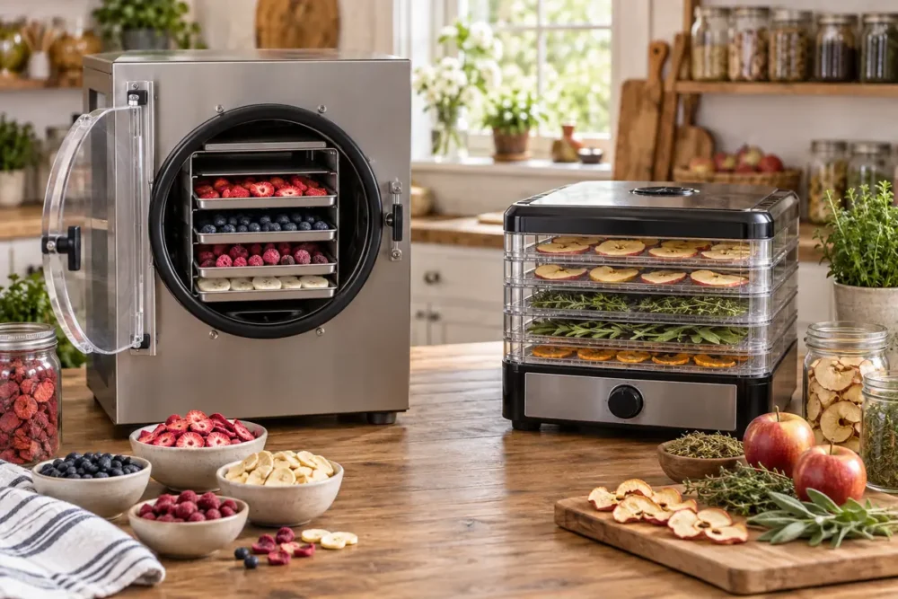 Home freeze dryer and food dehydrator side by side with preserved fruit and herbs