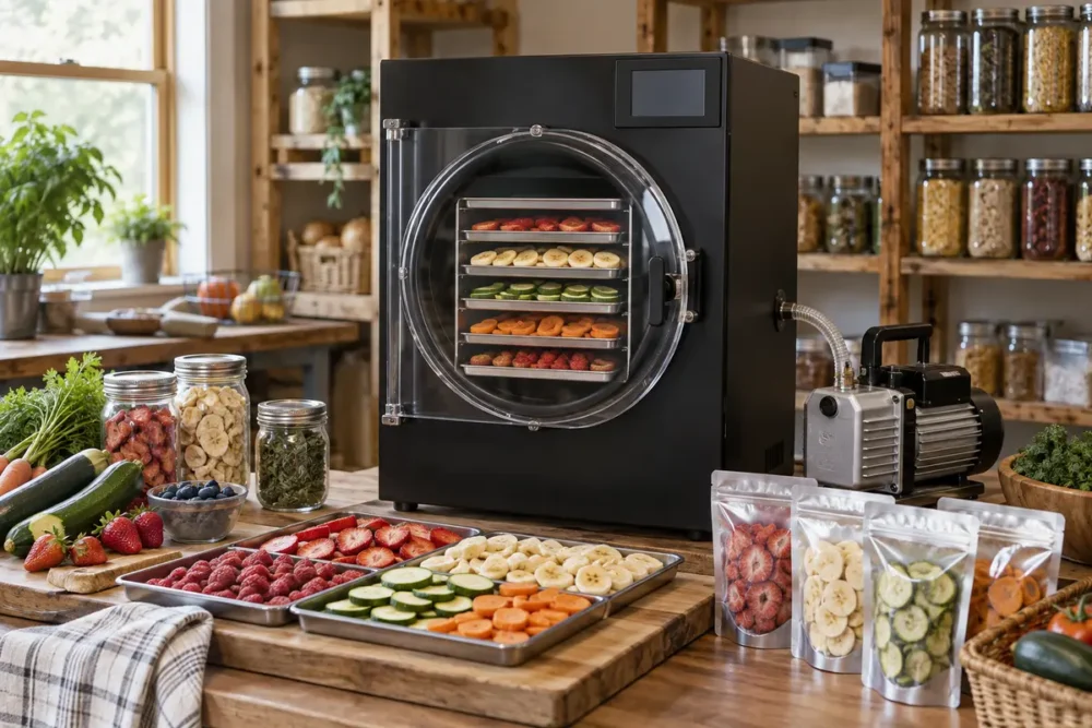 A black Harvest Right freeze dryer sits on a wooden kitchen counter surrounded by trays of sliced fruits and vegetables, jars of preserved food, and vacuum-sealed storage bags.