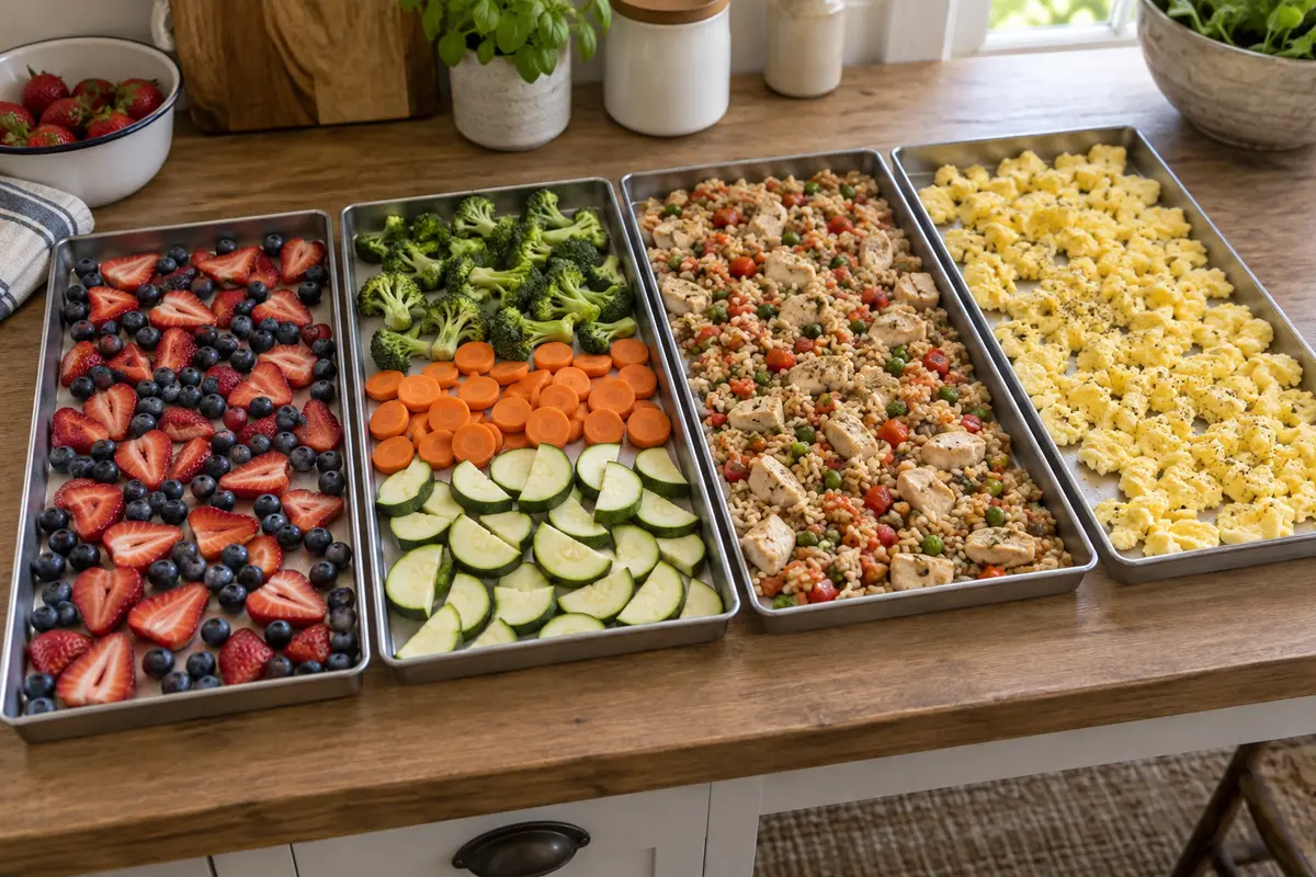 Harvest Right Freeze Dryer Review 2026: Is It Worth It? 1 Four freeze dryer trays prepared with berries, vegetables, cooked meal portions, and eggs