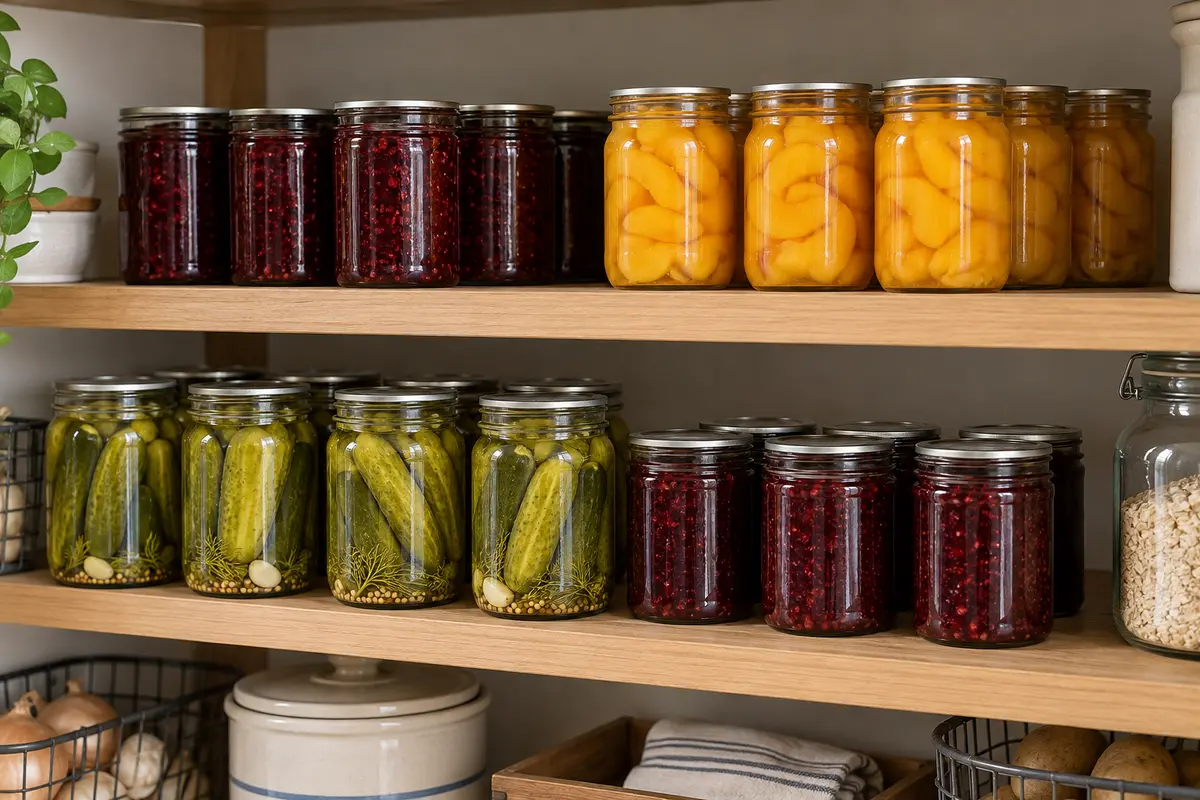 Home-canned jars arranged on pantry shelves