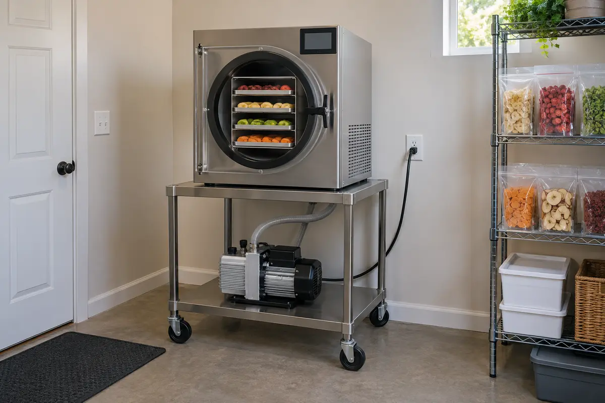 Home freeze dryer and external vacuum pump installed on a sturdy rolling cart near a wall outlet