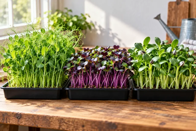 Three trays of pea, purple radish, and sunflower microgreens on a home workbench