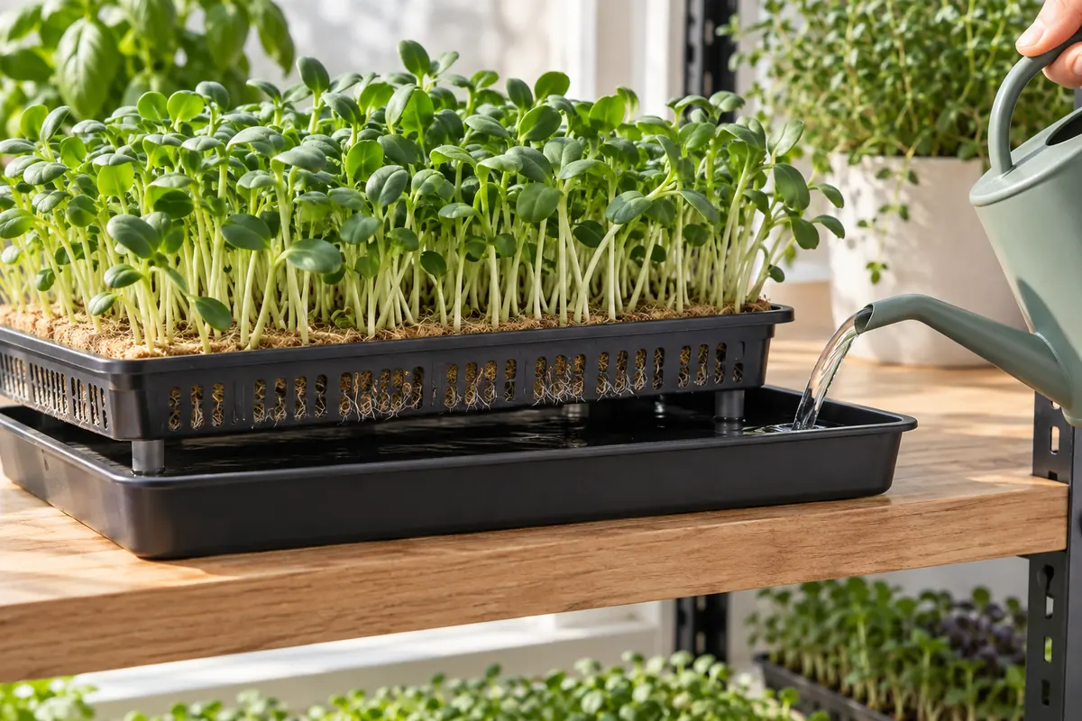 How to Grow Microgreens Without Soil: Mats, Watering, and Harvest 2 Illustration of water being added to the catch tray below microgreens rooted in a fiber mat