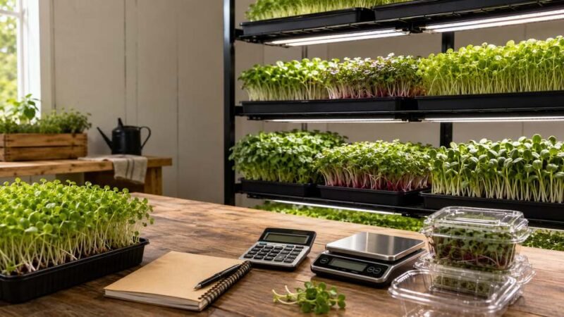 A wooden table holds a tray of microgreens, a calculator, a notebook, and digital scales next to a multi-tiered indoor growing rack.