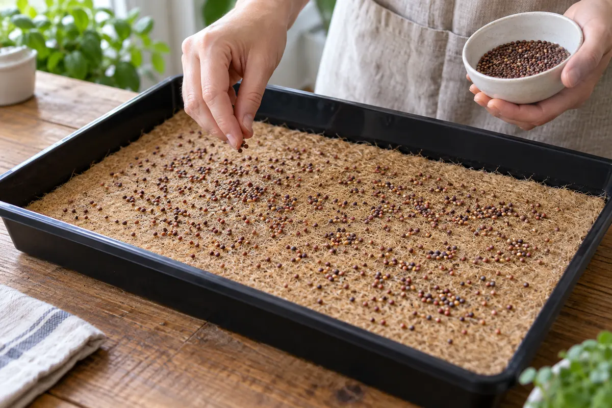 How to Grow Microgreens Without Soil: Mats, Watering, and Harvest 1 Illustration of small seeds spread across a moist coconut-fiber mat in a shallow tray