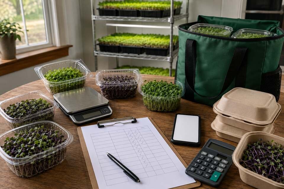 Packed microgreens beside a scale, order sheet, and delivery bag