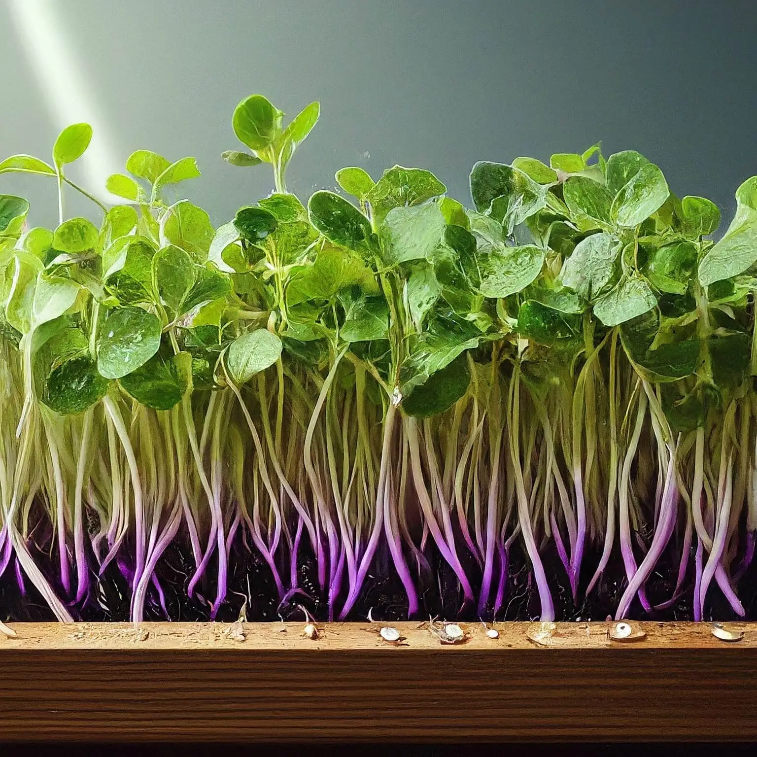 Dense microgreens with stems and leaves growing together in a shallow tray