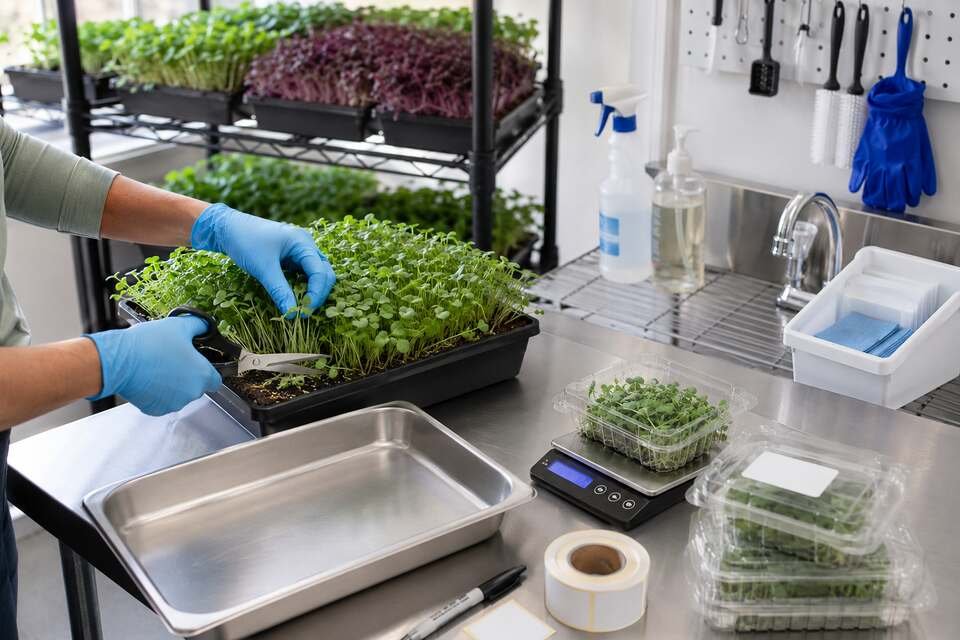 Grower cutting microgreens above the growing medium with clean scissors