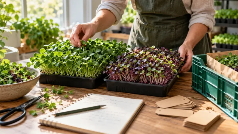 Grower comparing green and purple microgreens trays beside an order notebook