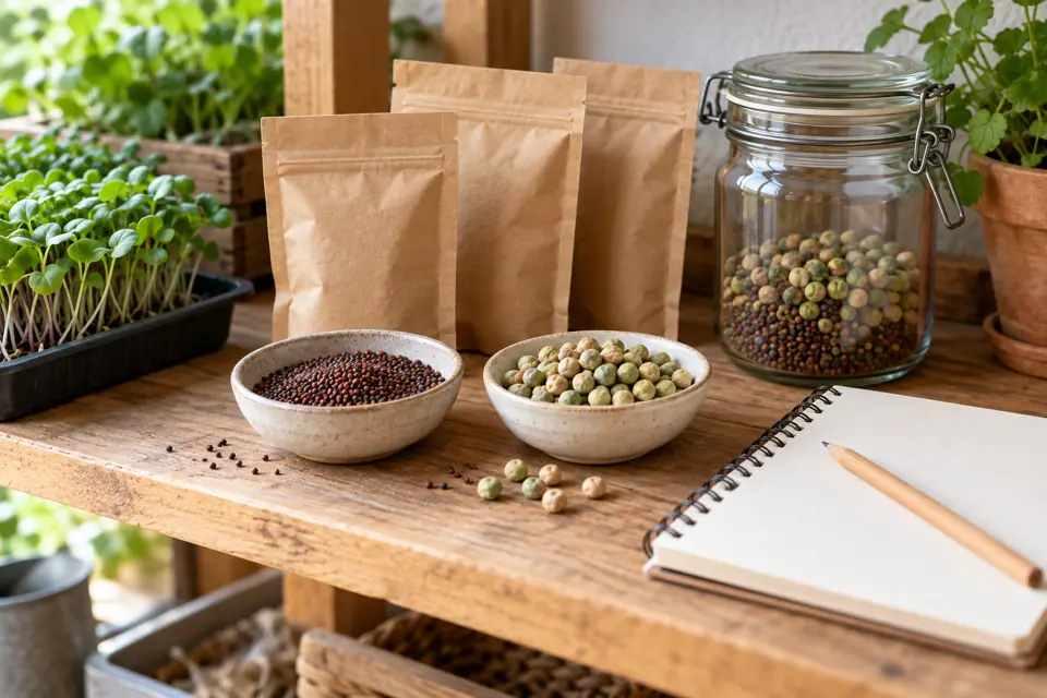 Plain seed packets and separate bowls of small and large seeds beside a closed jar