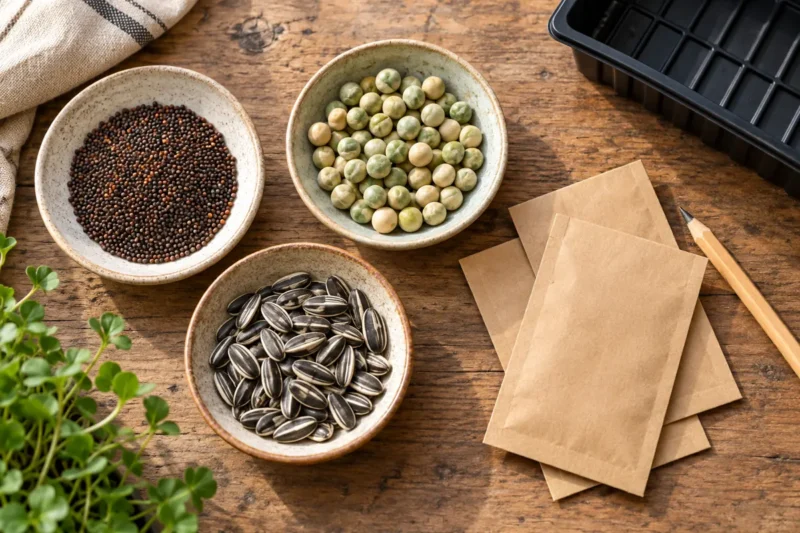 Bowls of small brassica seeds, peas, and sunflower seeds beside plain packets and a tray