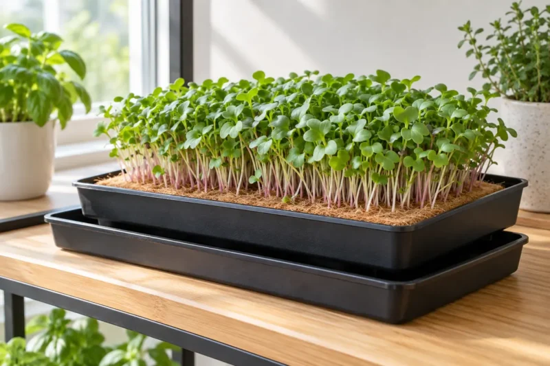 A tray of vibrant green microgreens growing on a fibrous soilless mat, placed on a wooden surface near a window.