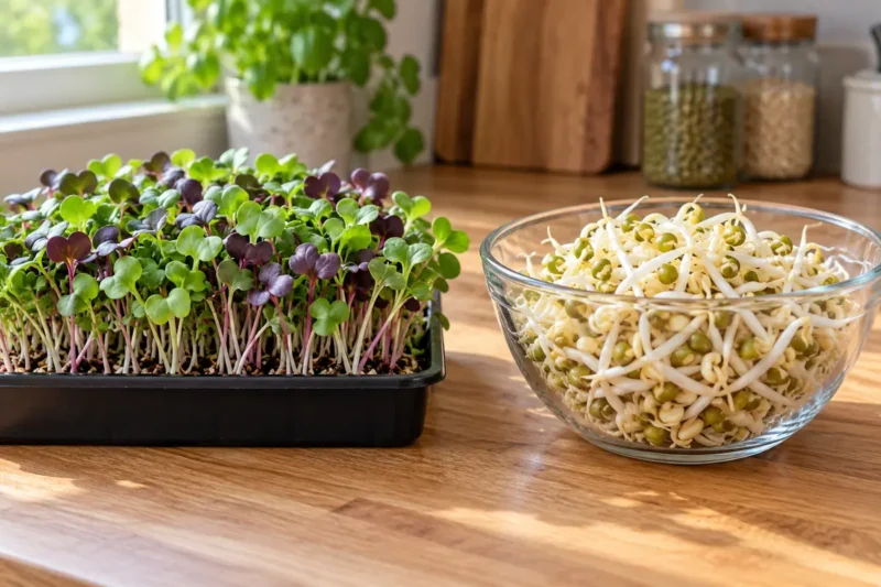 A black tray of vibrant green and purple microgreens sits next to a glass bowl filled with white bean sprouts on a wooden kitchen counter.