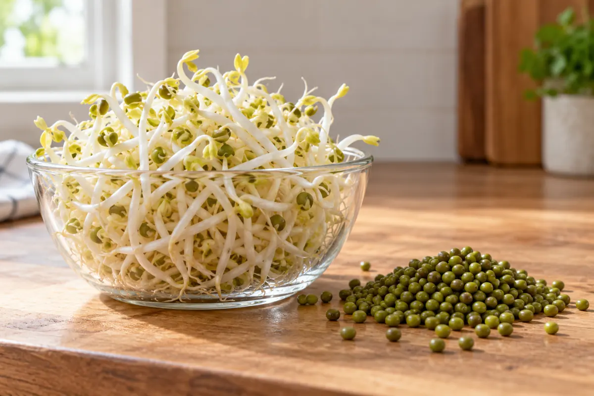 Pale mung bean sprouts with roots and seed coats in a glass bowl