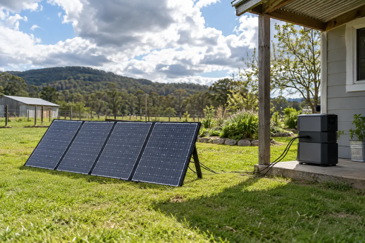 Portable solar panels beside a sheltered battery station