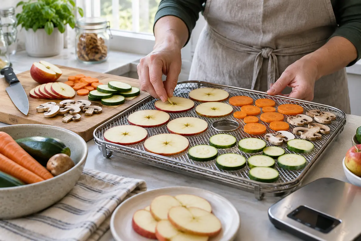 Excalibur Dehydrator Review 2026: Is the 10-Tray Worth It? 2 Sliced fruit and vegetables arranged on a drying tray