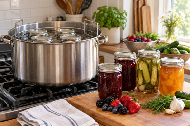 A large stainless steel pot on a stovetop filled with water and glass canning jars, with several filled jars of preserved food and fresh produce on the counter nearby.