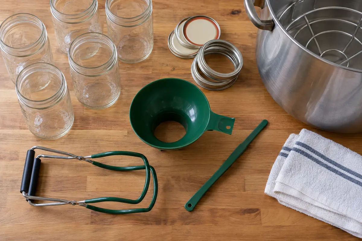 Water-bath canning pot, jars, and canning tools arranged on a counter