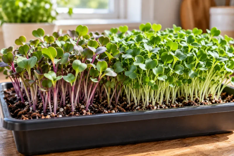 Young green and purple microgreens with leaves and stems in a shallow growing tray